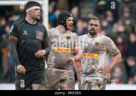 Brüssel, Belgien. 09 Feb, 2019. Rugby: EM, Abteilung 1A, Spieltag 1: Belgisch. Samy Fuechsel (Deutschland, 3, rechts) ist vom Kampf gezeichnet. Zu seiner Linken Marcel Henn (Deutschland, 6). Die deutsche Rugby-nationalmannschaft mit 22 verloren: 29 (7:12). Credit: Jürgen Kessler/dpa/Alamy leben Nachrichten Stockfoto