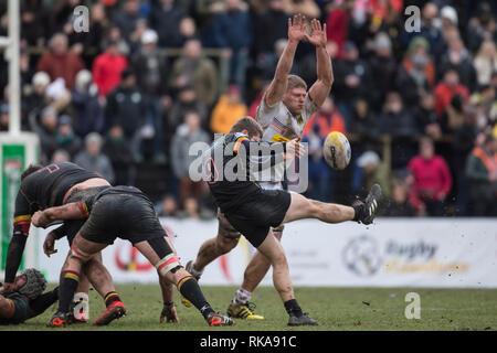 Brüssel, Belgien. 09 Feb, 2019. Rugby: EM, Abteilung 1A, Spieltag 1: Belgisch. Eric Marks (Deutschland, 4) wirft sich in die Kick von Julien Berger (Belgien, 9). Die deutsche Rugby-nationalmannschaft mit 22 verloren: 29 (7:12). Credit: Jürgen Kessler/dpa/Alamy leben Nachrichten Stockfoto