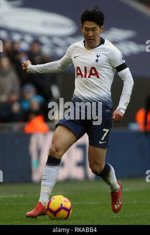 London, Großbritannien. 10. Feb 2019. Sohn Heung-min von Tottenham Hotspur in Aktion. EPL Premier League match, Tottenham Hotspur v Leicester City im Wembley Stadion in London am Sonntag, den 10. Februar 2019. Dieses Bild dürfen nur für redaktionelle Zwecke verwendet werden. Nur die redaktionelle Nutzung, eine Lizenz für die gewerbliche Nutzung erforderlich. Keine Verwendung in Wetten, Spiele oder einer einzelnen Verein/Liga/player Publikationen. pic von Steffan Bowen/Credit: Andrew Orchard sport Fotografie/Alamy leben Nachrichten Stockfoto