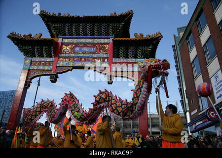 Newcastle, Großbritannien. Februar 10. 2019. Chinesisches Neujahrsfest des Schweins auf der Stowel Street, Stadtzentrum, Credit: DEW/Alamy Live News Stockfoto