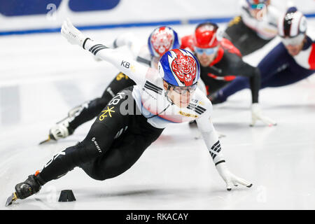 Turin, Italien. 10. Feb 2019. Foto LaPresse - Mauro Ujetto 10 2 2019 Turin (Italia) Sport ISU World Cup 2018/19 - Turin: Männer - 1000m-Finale Nella Foto: HWANG Dae-Heon aus Korea (KOR) Foto LaPresse - Mauro Ujetto 10-02-2018 Turin (Italien) Sport ISU World Cup 2018/19 - Turin: Männer - 1000m-Finale im Foto: HWANG Dae-Heon aus Korea (KOR) Credit: LaPresse/Alamy leben Nachrichten Stockfoto