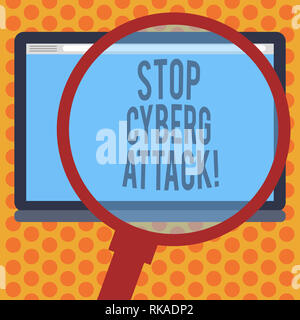 Schreiben Hinweis angezeigt Stop Cyber Attack. Business foto Präsentation versuchen zu verhindern, dass durch Hacker Schäden zerstören Computer netzwerk Lupe Enlargin Stockfoto
