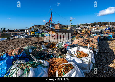 Arbeitsbereich für Hastings Fischereiflotte Rock-a-Nore, Hastings, East Sussex, England Stockfoto