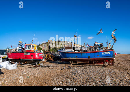 Arbeitsbereich für Hastings Fischereiflotte Rock-a-Nore, Hastings, East Sussex, England Stockfoto