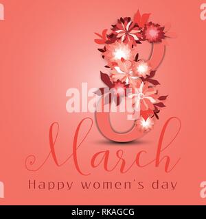 Card Design für den Frauentag Feier in Korallen und roten Farben mit floralen Elementen Stock Vektor