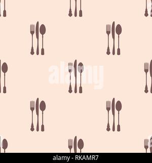 Restaurant menu nahtlose Muster. Vector Hintergrund. Pastell sanften Farben. Gabel, Messer und Löffel Silhouetten. Stock Vektor