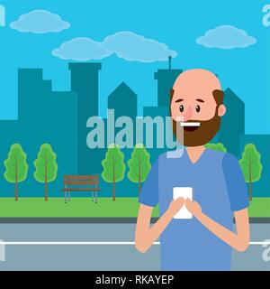 Junge dachabschlusses Mann mit Smartphone im City Park cartoon Vector Illustration graphic design Stock Vektor