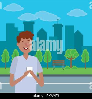 Junge dachabschlusses Mann mit Smartphone im City Park cartoon Vector Illustration graphic design Stock Vektor