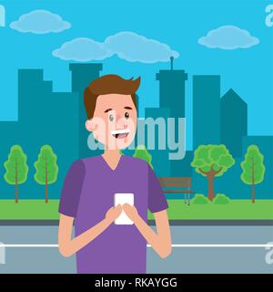 Junge dachabschlusses Mann mit Smartphone im City Park cartoon Vector Illustration graphic design Stock Vektor