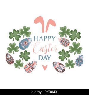Frohe Ostern Design Template mit Eiern und Klee Blätter. Stock Vektor