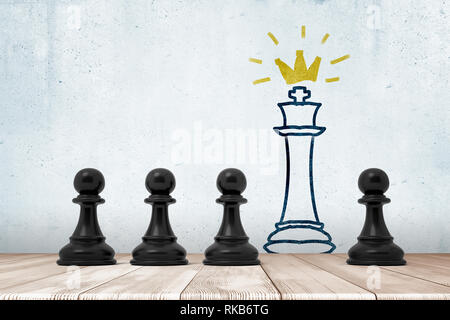 3D-Rendering von 4 schwarz Schach Schachfiguren auf weißem Holzboden mit Schach König auf der Wand gezeichnet Stockfoto