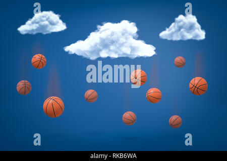 3D-Rendering von orange Basketball Bälle unter weißen Wolken am blauen Hintergrund Stockfoto