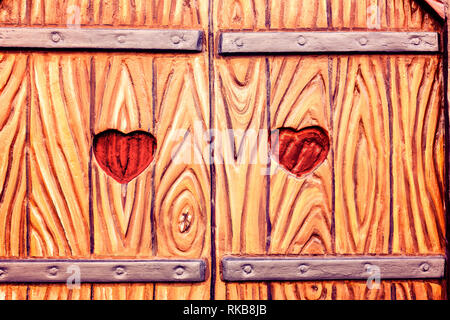 Tow Herz geschnitzt aus Holz auf Holz- Fenster. Valentines Tag. Stockfoto