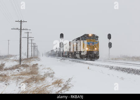 Union Pacific Güterzug beweglicher Westen durch Nebraska Paxton in einem schweren Schneesturm Stockfoto