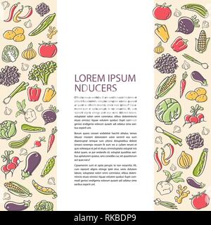 Landwirtschaftliche flyer Vorlage mit Hand gezeichnet Gemüse, flacher Stil Vektor. Verschiedene organische Produkt für gesundes Essen. Für text Stock Vektor