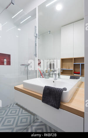 BRATISLAVA, SLOWAKEI - 17 Dezember, 2018: Badezimmer der kleine Wohnung von jungen Designern entworfen von Kivvi Architekten in Bratislava, Slowakei basieren Stockfoto