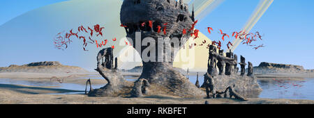 Fremden Planeten Landschaft, fliegenden roten Kreaturen Schärmen um geheimnisvollen Felsformationen Stockfoto