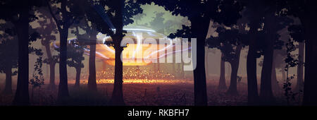 UFO-Landung im Wald bei Nacht, science fiction Szene mit Alien Raumschiff und geheimnisvolle Leuchten (3d-raum Abbildung Banner) Stockfoto