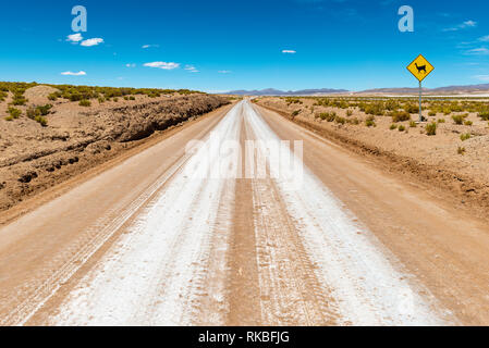 Landschaft Foto einer Autobahn, Straße in der Uyuni Salzsee Region (Salar de Uyuni) mit einem Warnschild: Lama auf der Straße! Bolivien, Südamerika. Stockfoto