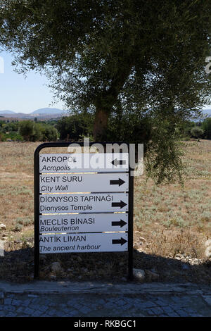 Schild von der archäologischen Ausgrabungsstätte der antiken griechischen Stadt Teos, Sigacik, Türkei. Stockfoto