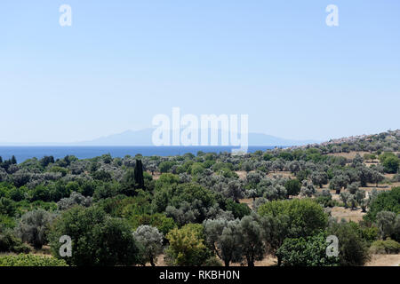 Die Akropolis bietet Befehlen und Panoramablick, antiken griechischen Stadt Teos, Sigacik, Türkei. Stockfoto