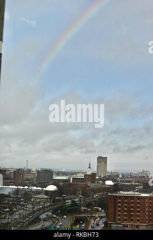 Die Boston Skyline wie von einem privaten Aussichtsplattform auf der Spitze eines Wolkenkratzers angrenzenden Bostons North Station/TD Garden, Massachusetts, USA Stockfoto