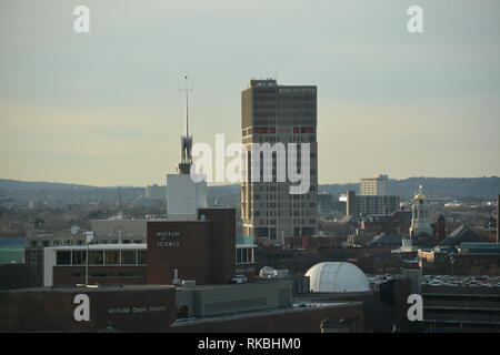 Die Boston Skyline wie von einem privaten Aussichtsplattform auf der Spitze eines Wolkenkratzers angrenzenden Bostons North Station/TD Garden, Massachusetts, USA Stockfoto