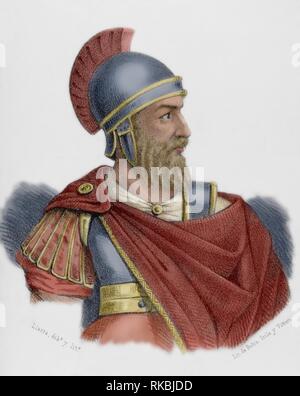 Quinto Sertorio (122 ein. C-72a. C). Político y militar Romano de la época final de la República romana. Dibujo por Llanta. Litografía. Coloreada. Retrato. Crónica de España, Historia y Ilustrada Descriptiva de Sus Provincias. Región de Murcia, 1870. Stockfoto