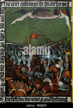 Las mejores de las Alas de un tríptico con la representación de una de la escenas sobre la Leyenda de Santa Eduviges de Andechs (1174-1243), Madre de Enrique II. von Schlesien. Batalla entre Cristianos y mongoles. Las Almas de Los Cristianos muertos Sohn llevadas al Cielo por los Ángeles, Mientras que las Almas de los tártaros Sohn tragadas por el infierno. Wroclaw (Breslavia), hacia 1440. Procedente de la Iglesia de San Bernardino de Siena en Breslau (Breslavia). Museo Nacional de Varsovia. Polonia. Stockfoto