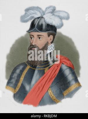 Francisco Pizarro (1478-1541). Conquistador Español. Iniciaría Lideró la expedición que la Conquista del Perú. Gobernador de Nueva Castilla. Dibujo por J. Cebrián. Litografía. Coloreada. Crónica de España, Historia y Ilustrada Descriptiva de Sus Provincias. Extremadura, 1870. Stockfoto