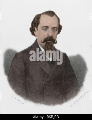 Adelardo López de Ayala (1828-1879). Dramaturgo, Académico y político Español. Adscrito al realismo literario. Miembro de la Real Academia de la Lengua. Ministro de Ultramar durarante el Sexenio Democrático y la Restauración. Dibujo por Llanta. Litografía. Coloreada. Retrato. Crónica de España, Historia y Ilustrada Descriptiva de Sus Provincias. Extremadura, 1870. Stockfoto