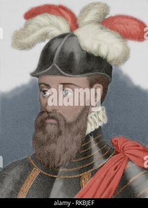 Francisco Pizarro (1478-1541). Conquistador Español. Iniciaría Lideró la expedición que la Conquista del Perú. Gobernador de Nueva Castilla. Dibujo por J. Cebrián. Las Mejores. Litografía. Coloreada. Crónica de España, Historia y Ilustrada Descriptiva de Sus Provincias. Extremadura, 1870. Stockfoto