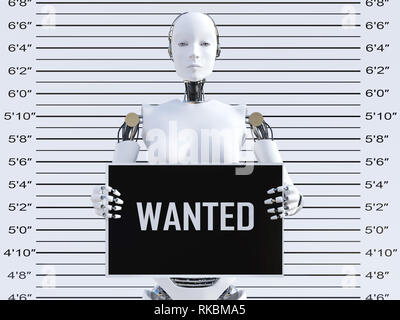 3D-Rendering eines weiblichen Roboter halten wollte, Zeichen, während Ihr polizeifoto. Konzept der Internetkriminalität und Hacker. Stockfoto