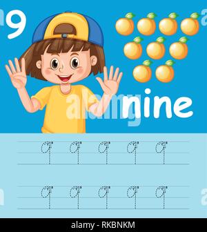 Nummer neun tracing Arbeitsblätter Abbildung Stock Vektor