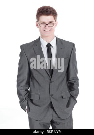 Seitenansicht. erfolgreiche junge Geschäftsmann. isoliert auf einem weißen Stockfoto