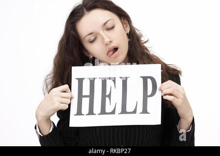 Young Business woman holding a poster, sagt helfen. Stockfoto