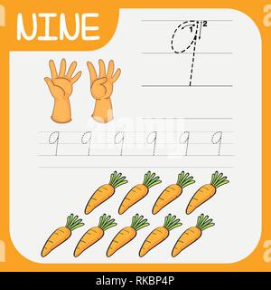 Nummer neun tracing Arbeitsblätter Abbildung Stock Vektor