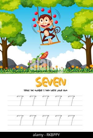 Nummer sieben tracing Arbeitsblätter Abbildung Stock Vektor