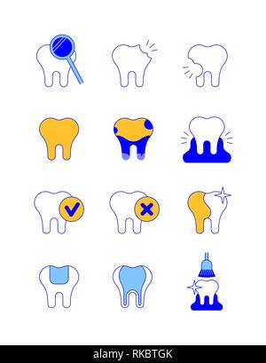 Zahnmedizinische Krankheiten und Behandlung dünne Linie Vector Icons. Karies, fleckige Zähne, gingivitis Symbole. Chek Markierungen auf Zahn, weiß, Füllung, professionelle Stock Vektor