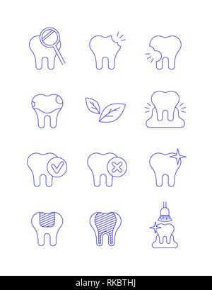 Zahnmedizinische Krankheiten und Behandlung dünne Linie Vector Icons. Karies, fleckige Zähne, gingivitis Symbole. Chek Markierungen auf Zahn, weiß, Füllung, professionelle Stock Vektor