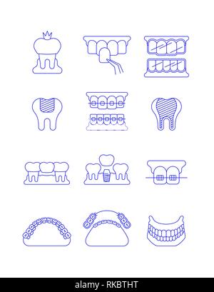 Zahnmedizinische Klinik Chirurgie dünne Linie Vector Icons. Zahnimplantat, Brücke, Veneer, Krone Konzepte. Kieferorthopädische Behandlung wie Metall, Keramik, l Stock Vektor