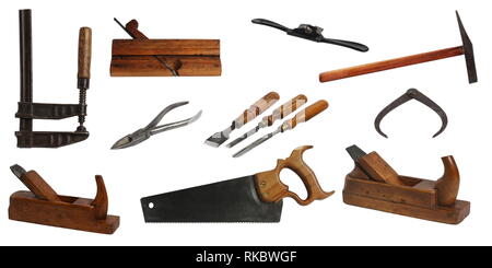 Verschiedene Werkzeuge für Tischler auf weißem Hintergrund Stockfoto