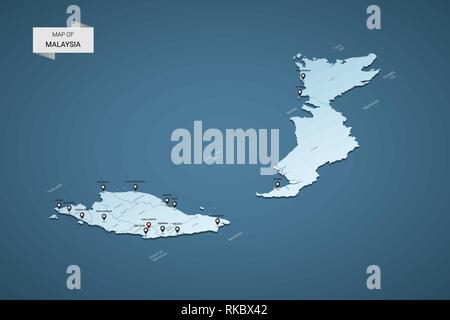 Isometrische 3D-Malaysia Karte, Vector Illustration mit Städten, Ländergrenzen, Kapital, administrative divisions und Zeiger markiert; Gradient blauen Hintergrund. Stock Vektor