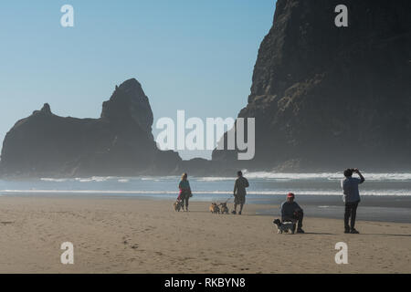 Touristen und Einheimische genießen den Strand mit Haystack Rock im Hintergrund bei Cannon Beach, Oregon, USA. Stockfoto