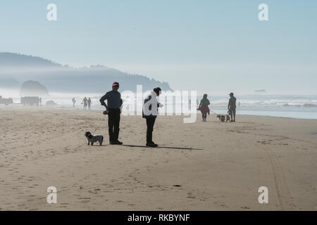 Touristen und Einheimische genießen die Sonne bei Cannon Beach, Oregon, USA. Stockfoto