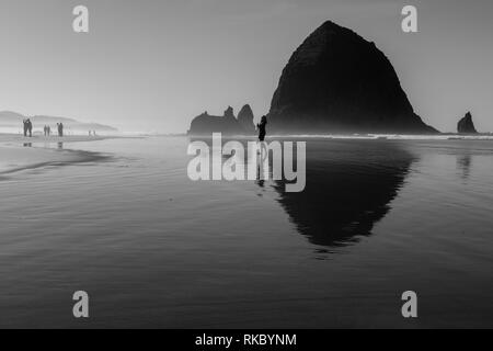 Touristen und Einheimische genießen den Strand mit Haystack Rock im Hintergrund bei Cannon Beach, Oregon, USA. Stockfoto