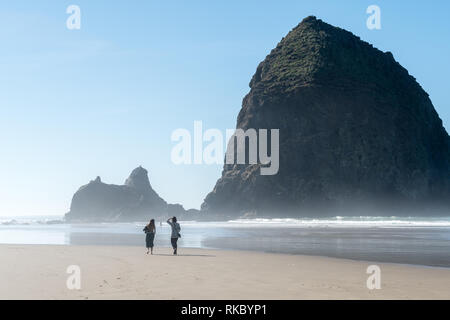 Touristen und Einheimische genießen den Strand mit Haystack Rock im Hintergrund bei Cannon Beach, Oregon, USA. Stockfoto