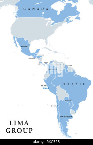 Lima Group, multilaterales Gremium, politische Karte. Zwölf Länder unterzeichneten eine Erklärung einer friedlichen Ausgang zur Krise in Venezuela zu etablieren. Stockfoto