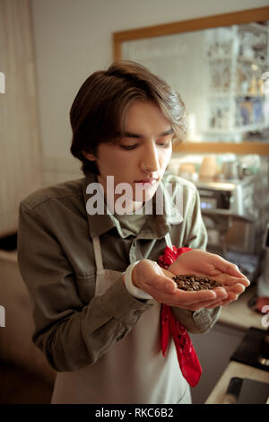Junger Mann vorsichtig die Handvoll Kaffeebohnen inspiriert Stockfoto