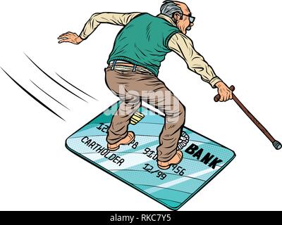 Alte Mann und Bank Card zurückgezogen. auf weißem Hintergrund isolieren. Gehen Snowboarden oder Wasser. Bank Karte fliegen, Kredit- und Debitkarten. Comic cartoon Pop ar Stock Vektor